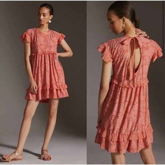Anthropologie Ruffle Knit Mini Dress Pink Coral Tie Back Short Sleeve Size Small - Picture 2 of 11